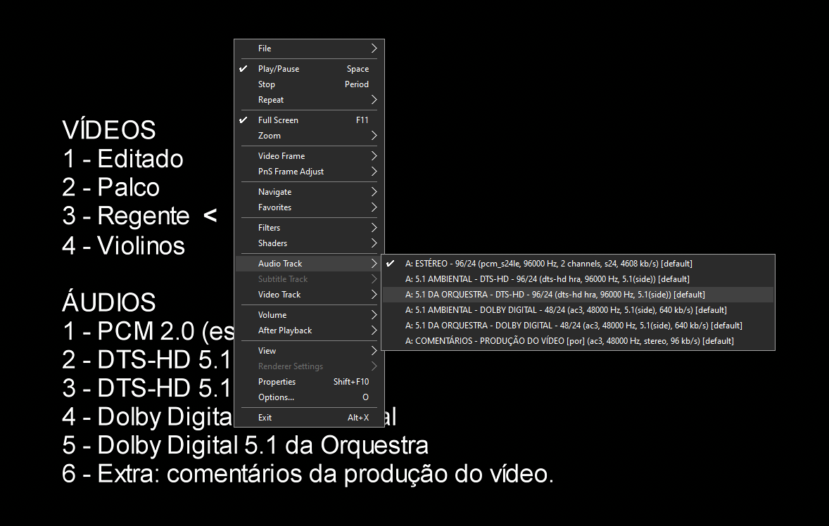 Selecionando áudio no MPC-HC.