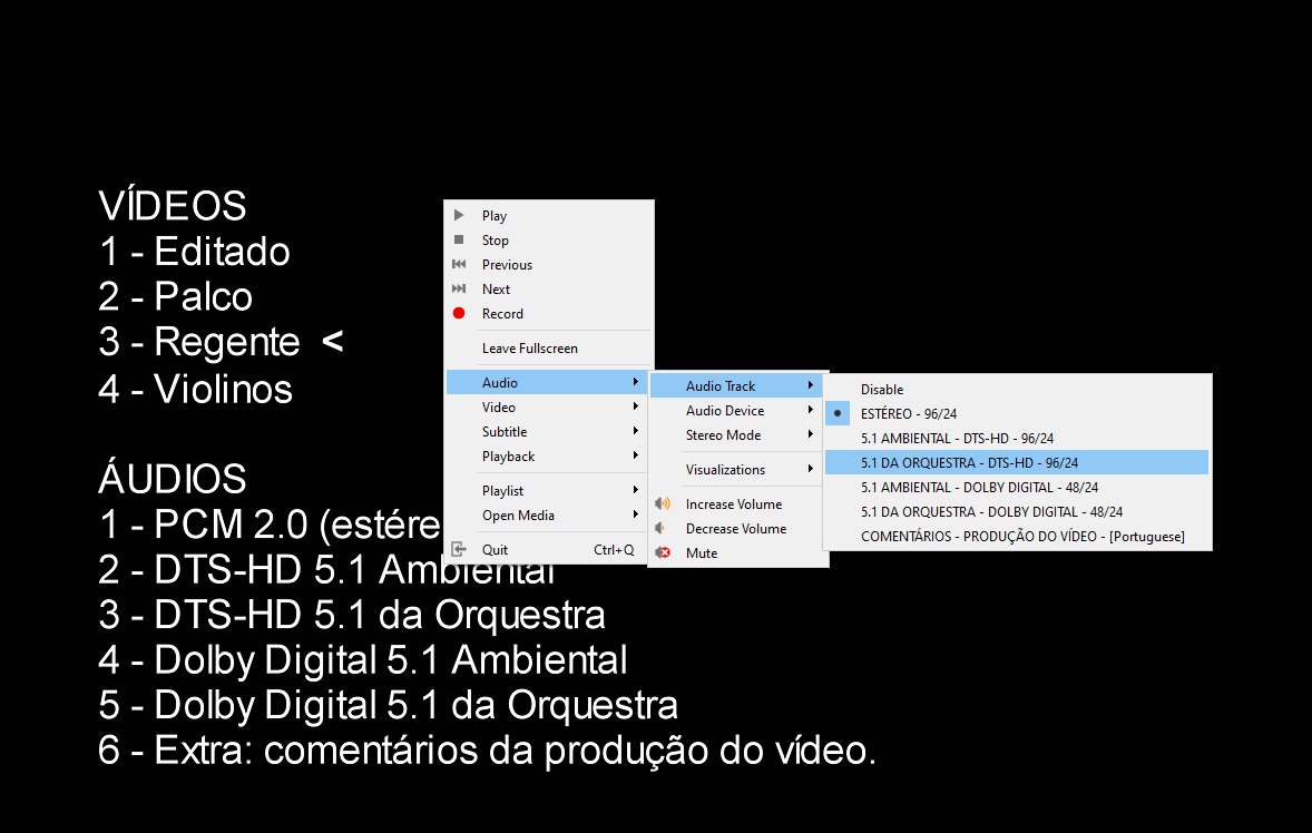 Selecionando áudio no VLC Player.